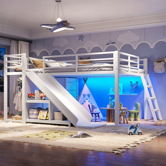ChenyueFurn Full Metal Loft Bed with Slide, Ladder & Storage Drawers