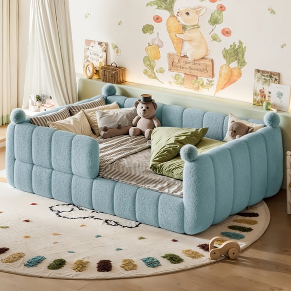 ChenyueFurn Full Montessori Floor Bed with Surround Safety Rails,Blue