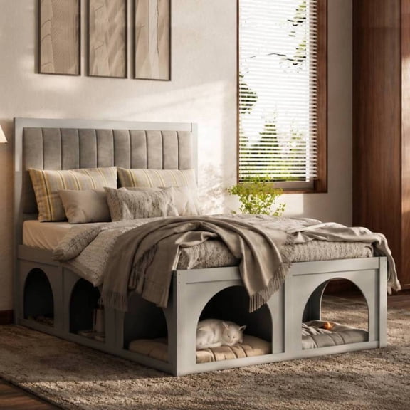 ChenyueFurn Full Platform Bed with Under-Bed Pet Nook,LIGHT GREY