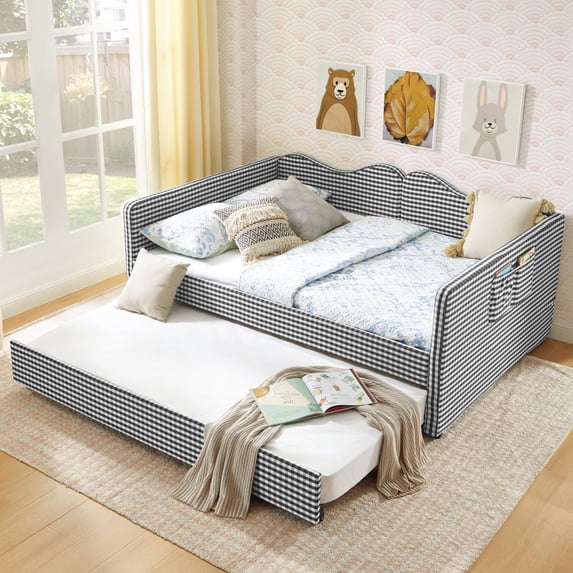 ChenyueFurn Full Size Daybed, Gingham Fabric, Trundle Bed Frame & Side Storage Pocket,Black