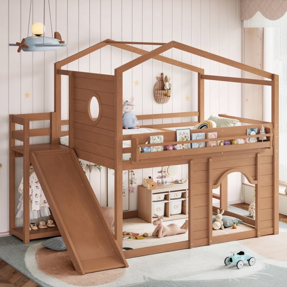 ChenyueFurn Full Size House Loft Bed Featuring Slide, Storage Wardrobe & Bookshelves,Natural
