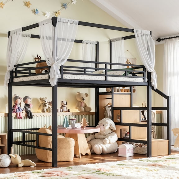 ChenyueFurn Full Size Metal Loft Bed with Canopy, Storage Stairs, Wardrobe & Large Underbed Space,Black