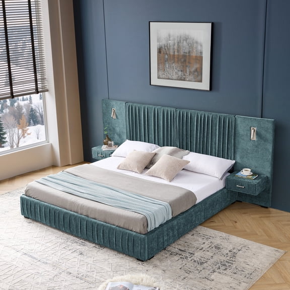 ChenyueFurn King Upholstered Platform Bed with Chenille Fabric, Pleated Headboard & Nightstand,Blue-Green