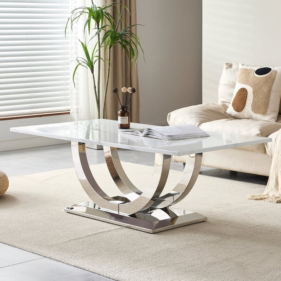 ChenyueFurn Modern Rectangular Marble Coffee Table,Silver+White