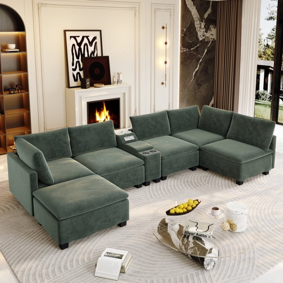 ChenyueFurn Modular Cloud Sofa Bed 121.2", Movable Ottoman, USB Ports, Cup Holders & Built-In Bluetooth Speaker,Green