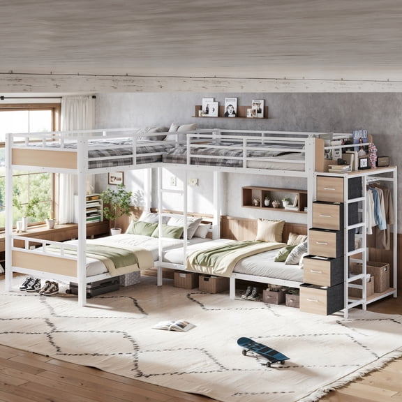 ChenyueFurn Quad Twin Metal Bunk Bed with Wardrobe, Drawers & Shelves,White