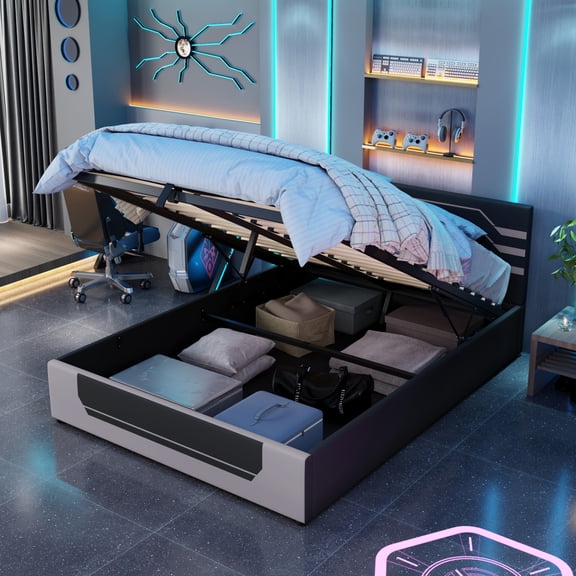 ChenyueFurn Queen Gaming Bed Frame with Hydraulic Storage,Black+ Gray