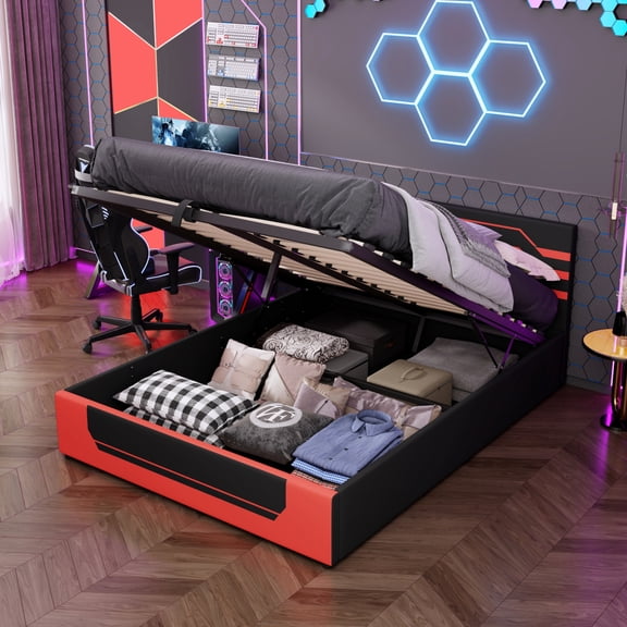 ChenyueFurn Queen Gaming Bed Frame with Hydraulic Storage,Black+Red