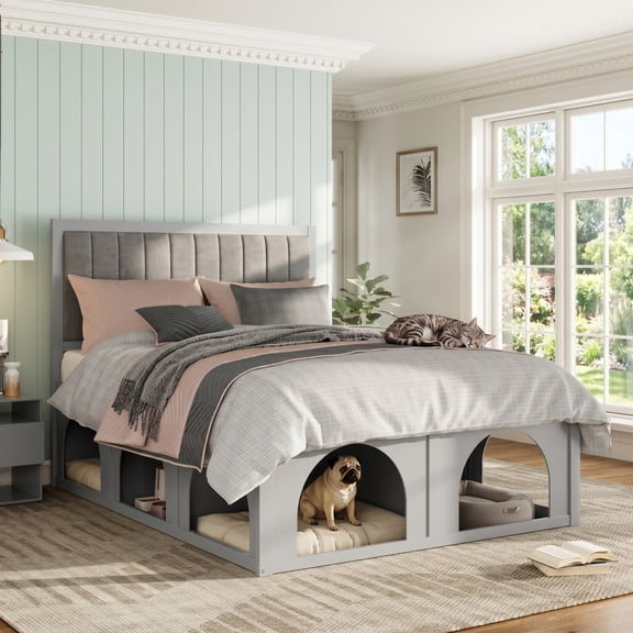 ChenyueFurn Queen Size Platform Bed with Pet Nook & Storage Space,LIGHT GREY