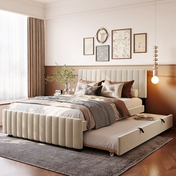 ChenyueFurn Queen Velvet Platform Bed, Twin XL Trundle, Upholstered, No Box Spring Needed,Beige