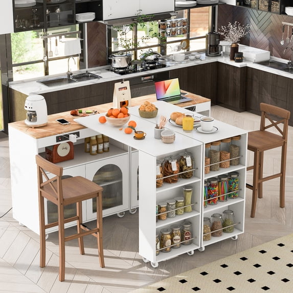 ChenyueFurn Rolling Kitchen Island with Extendable Table, LED & Power Outlet,White