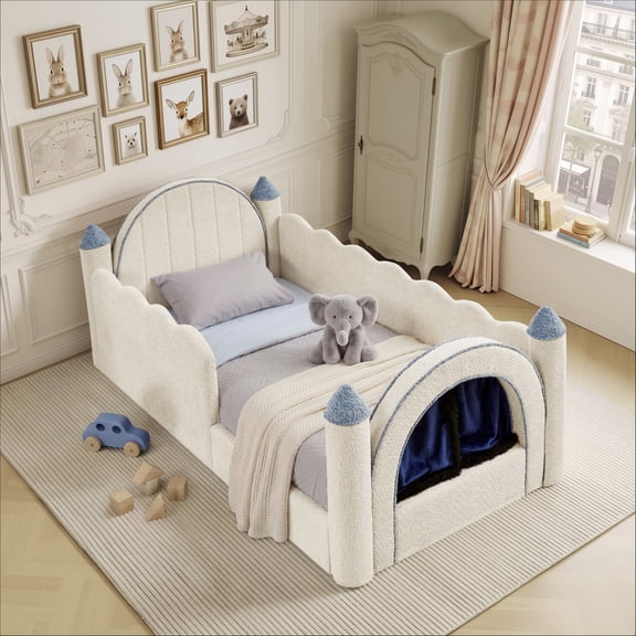 ChenyueFurn Twin Castle Bed with Safety Guardrails & Boucle Fabric,Camel