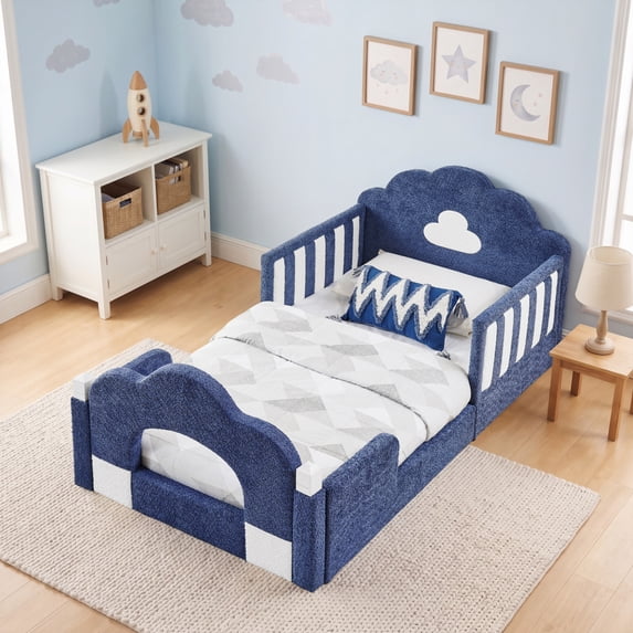 ChenyueFurn Twin Cloud Bed, Solid Wood Frame with Safety Guardrails,Blue