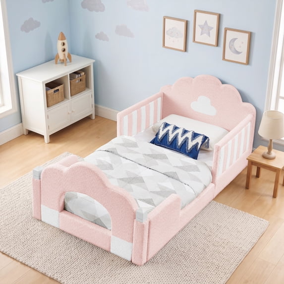 ChenyueFurn Twin Cloud Bed, Solid Wood Frame with Safety Guardrails,Pink