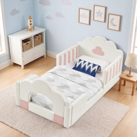 ChenyueFurn Twin Cloud Bed, Solid Wood Frame with Safety Guardrails,White
