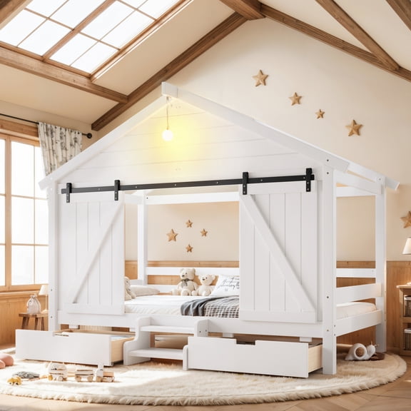 ChenyueFurn Twin Kids House Bed with Barn Door, Stair & Storage Drawers,White