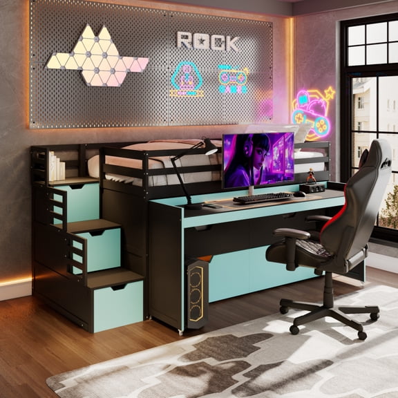 ChenyueFurn Twin XL Loft Bed, Pull-Out Desk, Twin Trundle, 2 Drawers, Storage Steps, Gaming Bed,Black+Blue