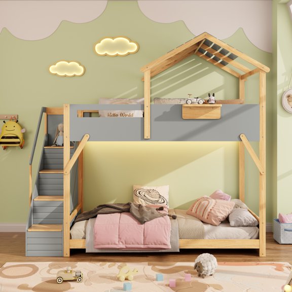 ChenyueFurn Twin over Twin House Bunk Bed with Stairs & 3-Color LED,Gray