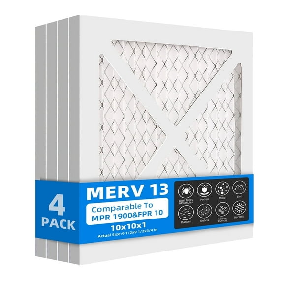 Chenzhit 10x10x1 (4-Pack)Furnace Air Filters, MPR 1900 & FPR 10, MERV 13 Pleated Air Filter (Actual Size: 9.75x9.75x0.75 inch)