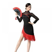 Cheongsam Qipao Inspired Fringe Latin Dance Party Costume Dress with Slit(without paper fan)