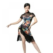 Cheongsam Qipao Inspired Fringe Latin Dance Party Costume Dress with Slit(without paper fan)