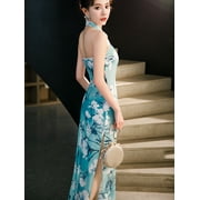 Cheongsam Women Sexy Backless Dress Sleeveless Floral Vintage Dress Long Qipao S to 5XL