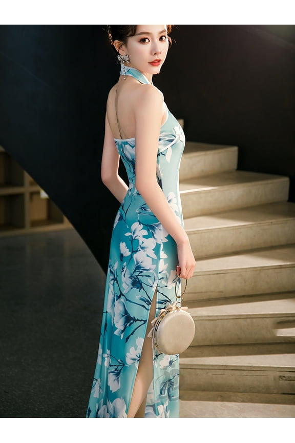 Cheongsam Women Sexy Backless Dress Sleeveless Floral Vintage Dress Long Qipao S to 5XL