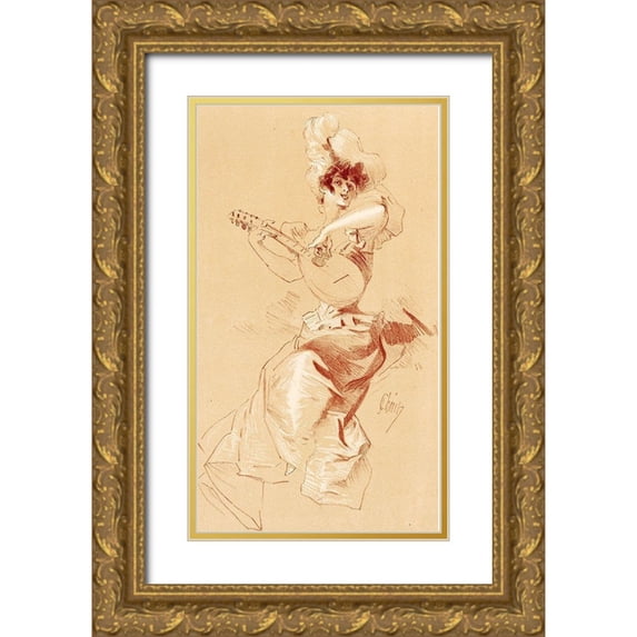 Cheret, Jules 12x18 Gold Ornate Wood Framed with Double Matting Museum Art Print Titled - Dessin originel 1895 Lady with Guitar