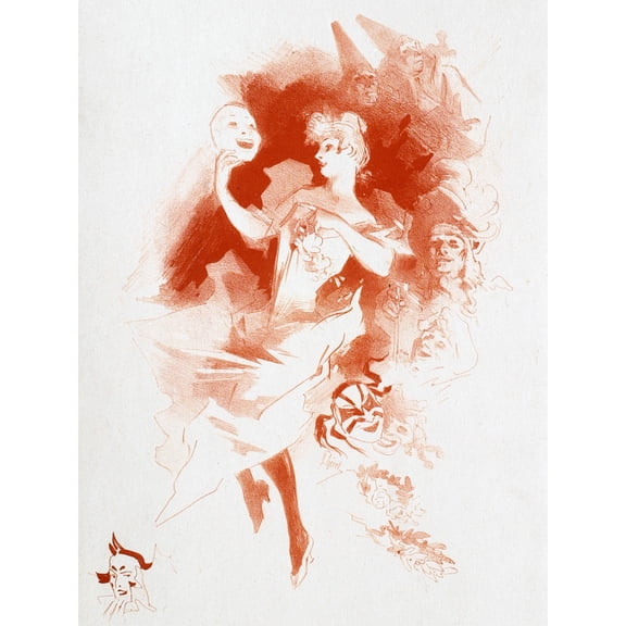 Cheret Lady With Masks Drawing Extra Large XL Wall Art Poster Print