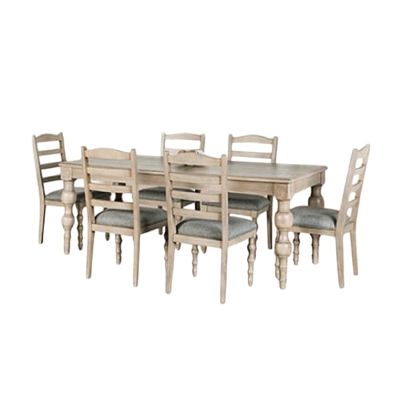 Cherie 7pc Dining Table Set, Turned Legs, 6 Fabric Chairs, Light Brown