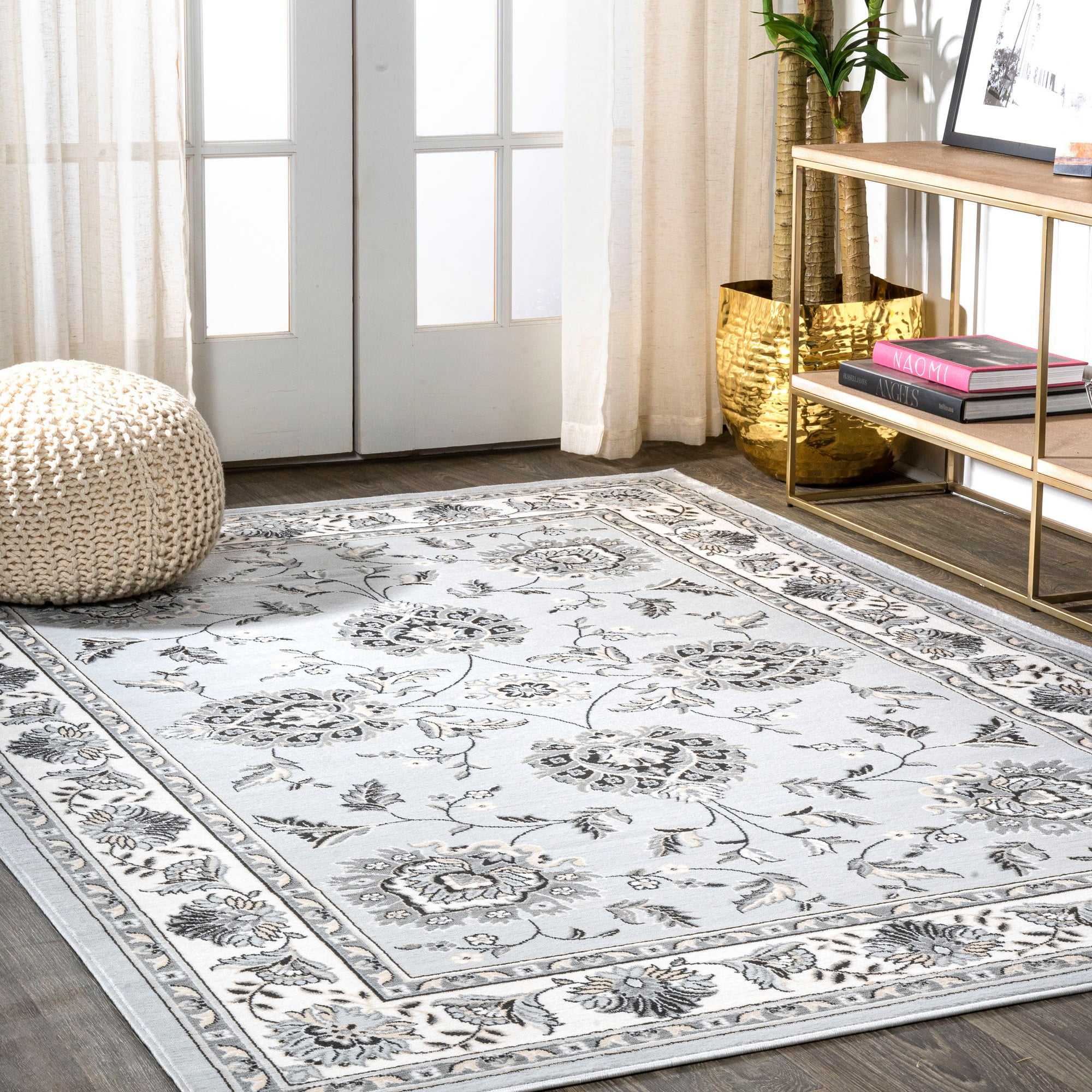 Elegant Light Gray & Cream Persian-Inspired 5' x 8' Synthetic Area Rug