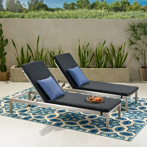 Cherie Outdoor Chaise Lounge with Cushion (Set of 2), Dark Gray and Silver
