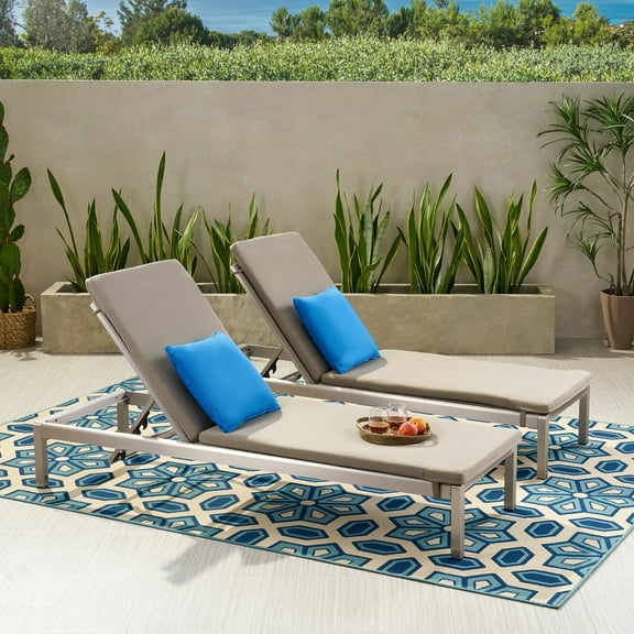 Cherie Outdoor Chaise Lounge with Cushion (Set of 2), Khaki and Gray