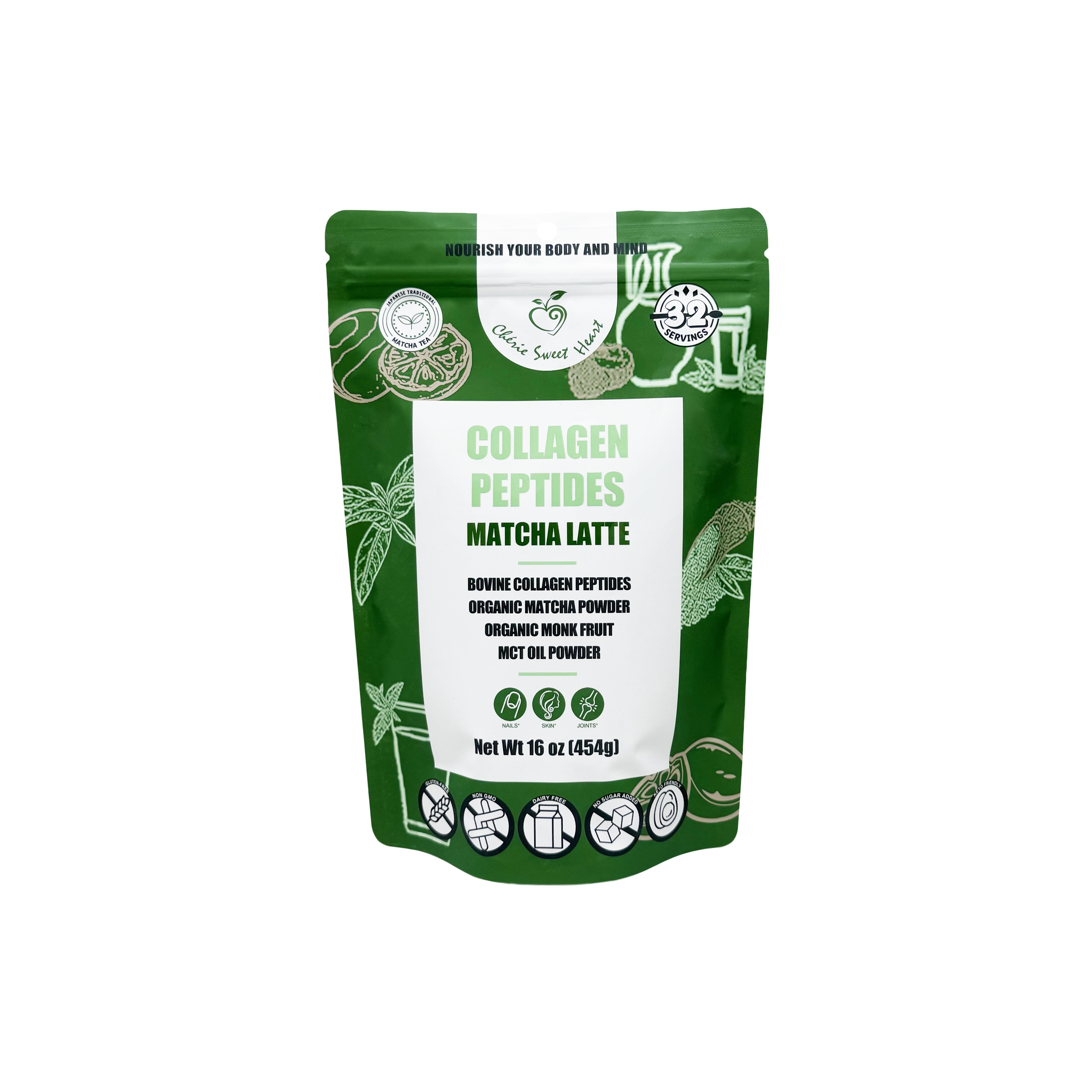 Cherie Sweet Heart Collagen Peptides Hydrolyzed Powder, 10 g, 32 Servings, Matcha Latte