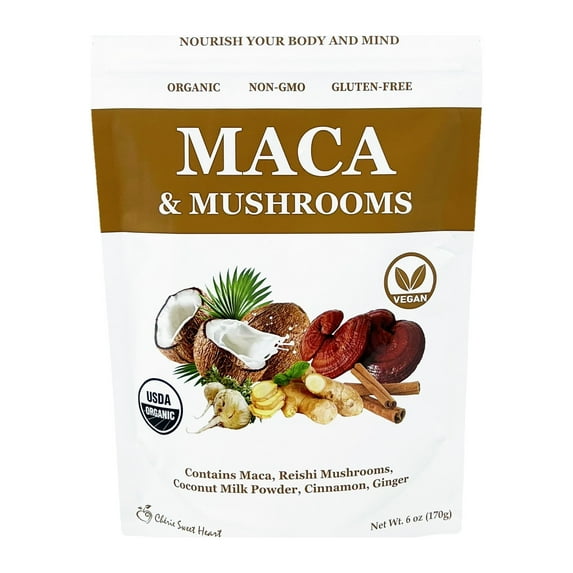 Cherie Sweet Heart Maca Mushrooms Blend (Maca + Reishi + Coconut Milk + Cinnamon + Ginger), 6oz Bag, 15 Servings — Organic, Non-GMO, Vegan, Gluten-Free