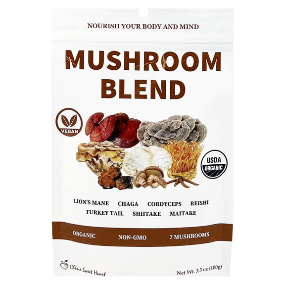 Cherie Sweet Heart Organic Mushroom Blend 3.5 oz, Lion's Mane, Reishi, Cordyceps, Maitake, Shiitake, Turkey Tail, Chaga