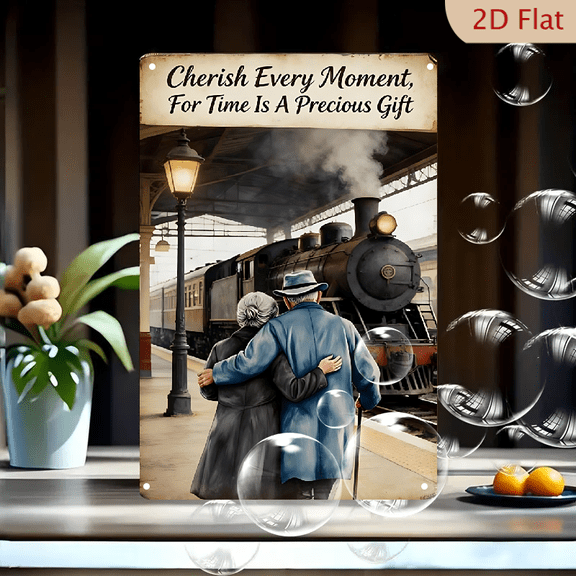 Cherish Every Moment, For Time Is A Precious Gift, Vintage Steam Locomotive & Elderly Couple Train Platform Wall Art, 8x12 Inches Metal Tin Sign, Romantic Nostalgic Home Decor