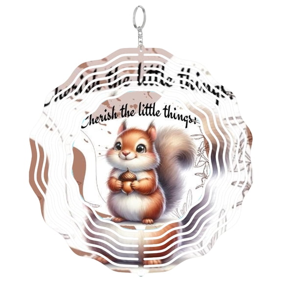 Cherish Little Things Squirrel 3D Wind Spinner Kinetic Metal Hanging Inspirational Nature Decor Round