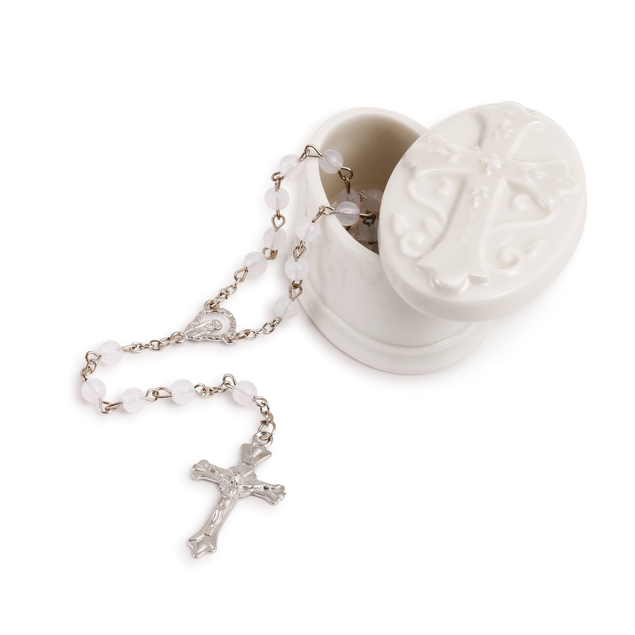 White Porcelain Oval Trinket Box with Rosary Beads
