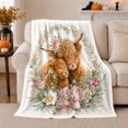 thumbnail image 1 of Cherished Highland Cattle Portrait Floral Wreath Pink Bow, Cozy Botanical Garden Scene, Warm Flannel Blanket for Ranch House and Living Room, Animal Lovers Thank You Gift, Artistic Home Decor, 1 of 9