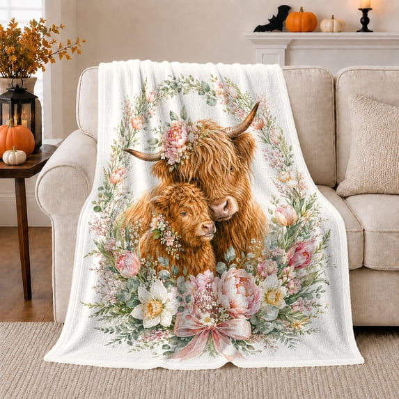 Cherished Highland Cattle Portrait Floral Wreath Pink Bow, Cozy Botanical Garden Scene, Warm Flannel Blanket for Ranch House and Living Room, Animal Lovers Thank You Gift, Artistic Home Decor