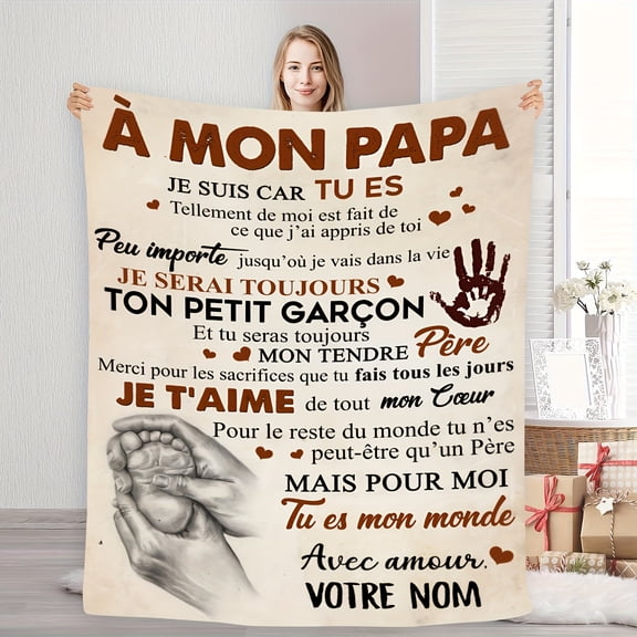 Cherished Memories: Cozy Father & Son Flannel Blanket with Heartfelt French Design Soft Warm and Perfect for Home Decor Camping or Travel Unique Love Letter Print