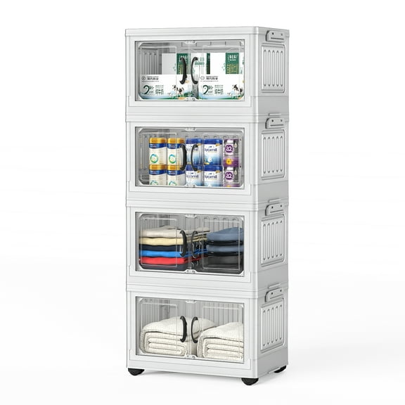 Cherishgard Plastic Storage Bins with Lid, Foldable Stackable Storage Box with Doors and Wheels, Plastic Drawer Storage for Bedroom StudToy Room Office 4Pack(54L per pack)