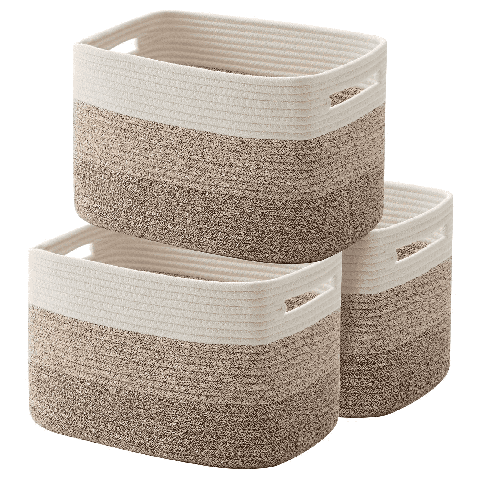 Beige and Brown Cotton Rope Rectangular Storage Baskets, Set of 3