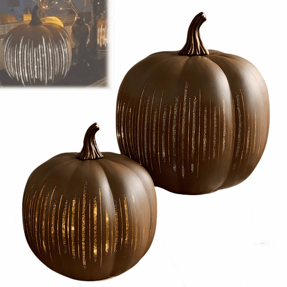 Cherishous Twinkle Light Pumpkins, Starry Night Pumpkins, Set of 2 Timer Lighted Sparkling Starry Night Glass Pumpkins for Fall Halloween Decorations Bedroom Hallway(Brown,M+L)