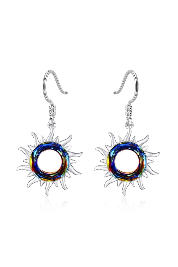, 1.02 in. Colorful Crystal+Sun Circle Pattern, Silver Bottom Earrings. Symbolizing Light and Energy, Suitable for Daily Use