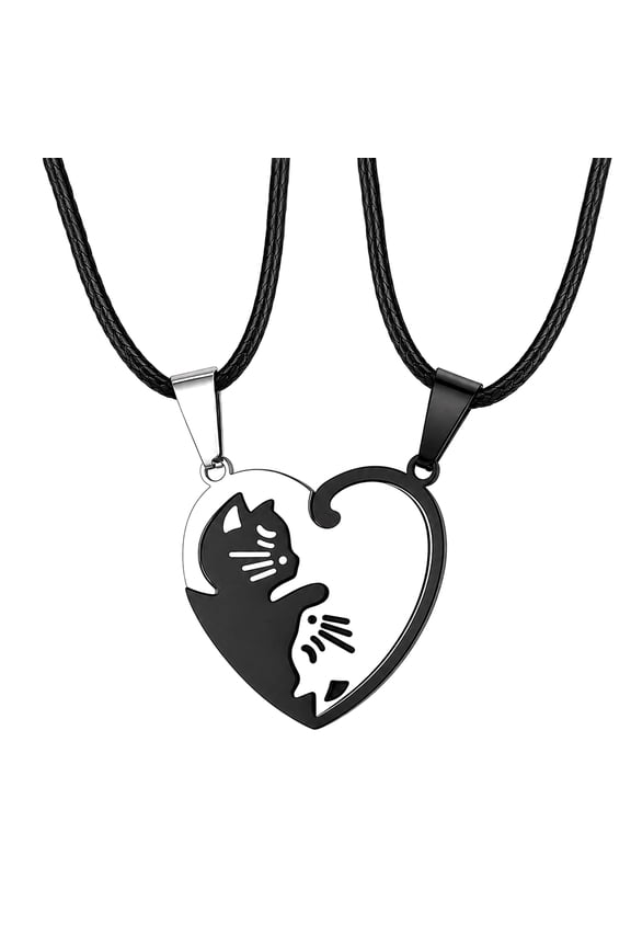 Cherishthese 2-Piece Cat Shaped Matching Puzzle Necklace Pendant Chain Length 22 in  with Black Woven Leather Rope a Gentle and Romantic Gift for Girlfriends and Couples