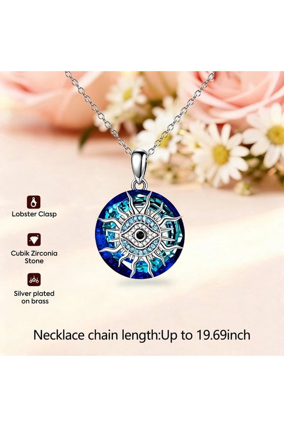 Crystal Devil's Eye Necklace Cubic Zirconia Gemstone Chain Length 19.69 in Dark Blue Pendant Symbolizing Protection and Good Luck