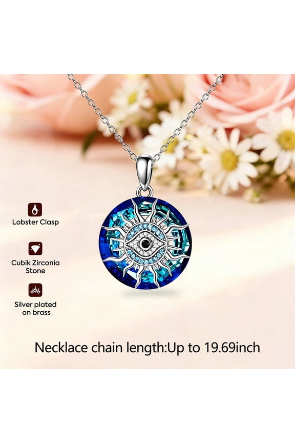 , Crystal Devil's Eye Necklace, Cubic Zirconia Gemstone, Chain Length 19.69 in, Dark Blue Pendant. Symbolizing Protection and Good Luck