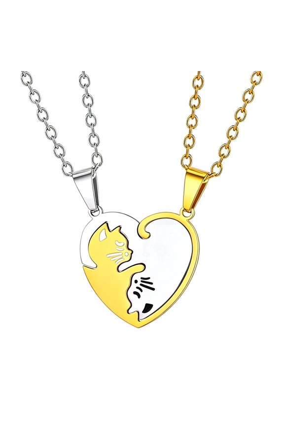 Cherishthese Set of Golden Stainless Steel Heart-Shaped Pendants with Cat Patterns Chain Length 22 in Exquisite Polished Romantic Gift Versatile for Holidays